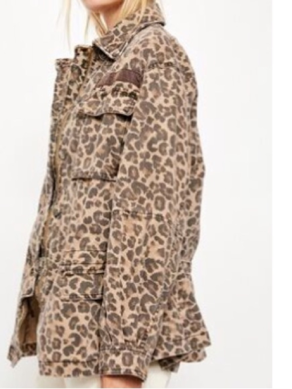 Free People Leopard Print Button-Up Jacket - Brown/Beige Sz S Drawstring Boho - Picture 5 of 12